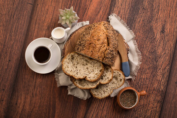 Freshly baked wheat bread loaf breakfast table