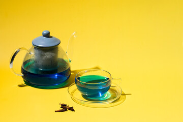 Blue butterfly herbal tea. Glass and pot on yellow background.