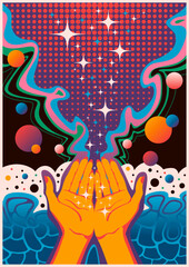 Psychedelic Style Abstract Arms Creative Poster. 1960-1970s Vintage Prayer Abstraction Illustration