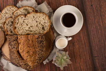 Freshly baked wheat bread loaf breakfast table