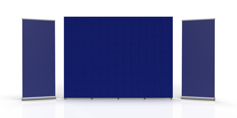 Blue Fabric Wall Banner Exhibition Graphic Wall and Retractable Banners on either side with a transparent background.