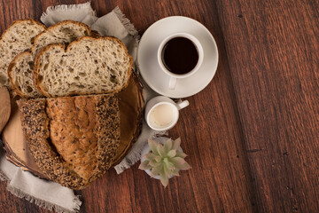 Freshly baked wheat bread loaf breakfast table