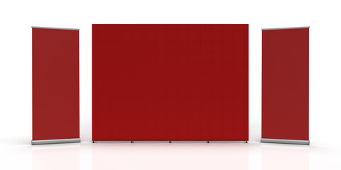 Red Maroon Fabric Wall Banner Exhibition Graphic Wall and Retractable Banners on either side with a transparent background.