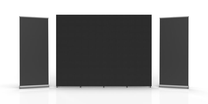 Black Fabric Wall Banner Exhibition Graphic Wall and Retractable Banners on either side with a transparent background.