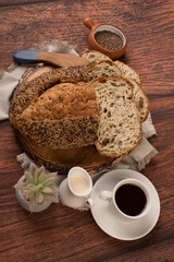 Freshly baked wheat bread loaf breakfast table