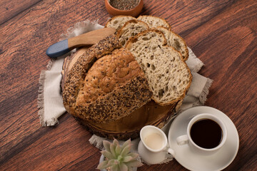 Freshly baked wheat bread loaf breakfast table