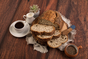 Freshly baked wheat bread loaf breakfast table