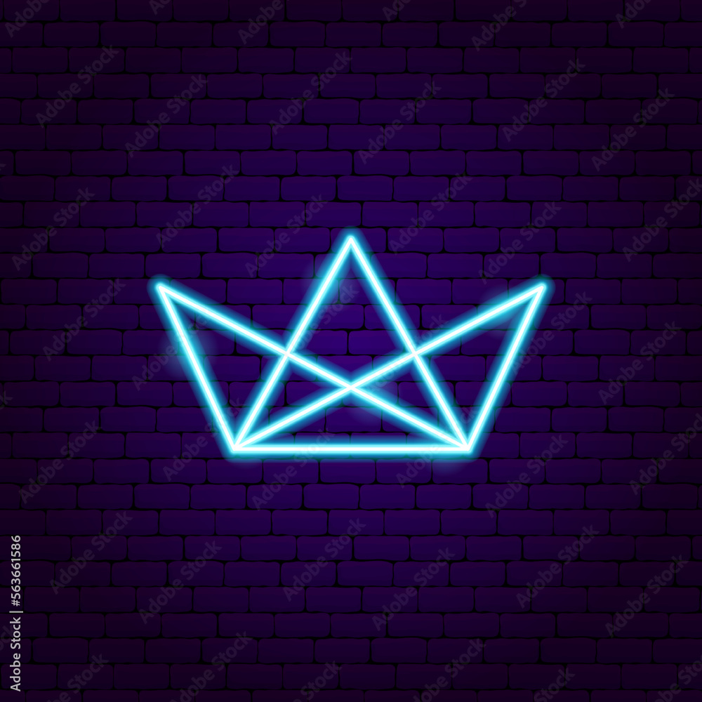 Wall mural Origami Papercut Boat Neon Sign. Vector Illustration of Handcrafted Handmade Paper Object. Glowing Art.