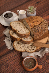 Freshly baked wheat bread loaf breakfast table