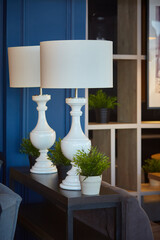 Interior decor. Two large white table lamps with large shades in a dark interior. Vertical.