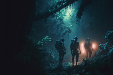 Background Jungle, Group of men, light, deep jungle. Conceptual digital art, Ai generated