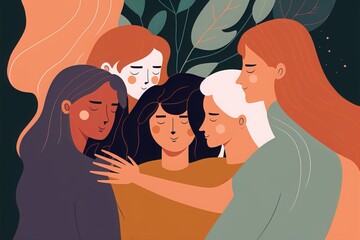An vector style illustration of five women hugging made with generative ai