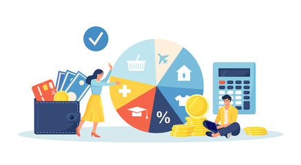 Budget planning. People analyzing personal or corporate budget. Finance accounting and calculation of financial income and expenses. Woman standing near round pie chart with indication of spendings