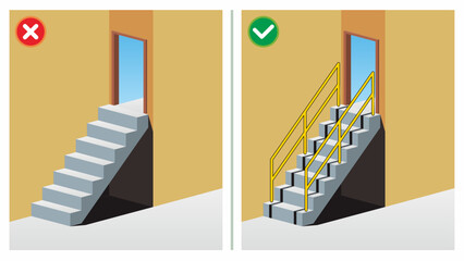 Missing handrail on the staircase for people access. Unsafe work condition and act. Workplace safety do's and dont's vector illustration.