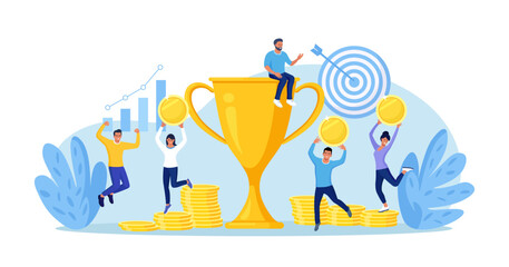Business team success. Happy business people celebrating victory with trophy cup, prize. Achievement concept. Partnership or teamwork to win competition. Work together or cooperation