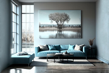Gorgeous contemporary designer living room in soft pale tranquil blue and white, generative ai, digital art