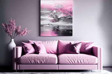 Gorgeous contemporary designer living room in soft pale pink, grey and white, generative ai, digital art