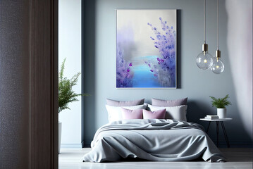 Gorgeous contemporary designer bedroom in soft pale tranquil blue and purple and white, generative ai, digital art