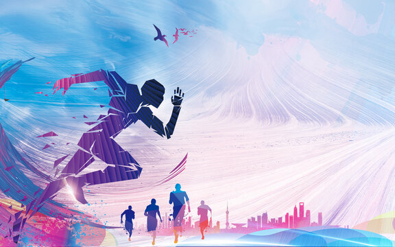 Geometric running man on the background of running people at marathon race. Running marathon, people run, colourful poster. Illustration. Concept. Speed. Active. Jump. Race. Exercise.