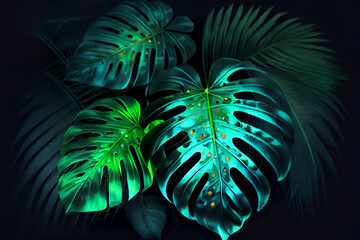 Background with big tropical leaves, generative ai