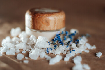 Lavender and sea salt in bowl, closeup