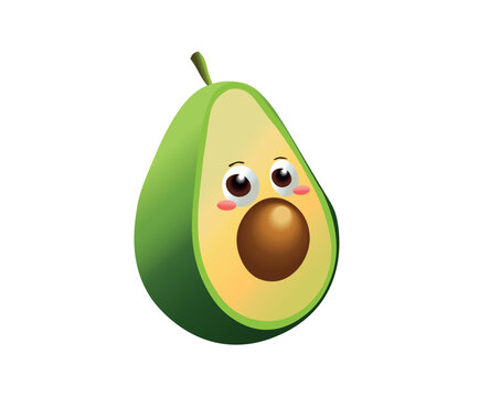 Cartoon image of a cut avocado with surprised eyes on a white background. Vector illustration