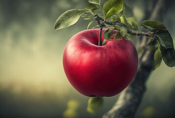 beautiful ripe big red apple on tree with light glow from behind Generative Ai	