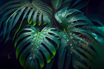 Obraz na płótnie Canvas Background with big tropical leaves, generative ai