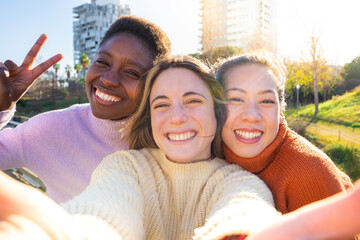 Three happy young women friends taking a selfie. International students having break during classes 
