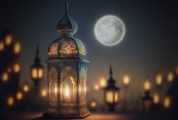 Arabic lantern with burning candle glowing at night