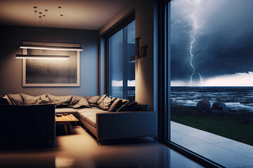 Fototapeta premium Storm-Proof Sanctuary: A Modern, Energy-Efficient Room with Large Windows for Natural Light and Storm Watchin. Generative AI