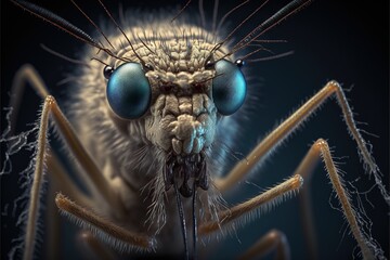 a close up of a mosquito with blue eyes and a black background with a black background and a black background with a white background and blue background generative ai