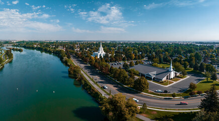 Aerial panoramic view of the waterfall in city of Idaho Falls, ID, USA.