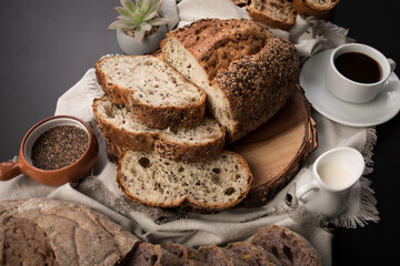 Freshly baked wheat bread loaf breakfast table