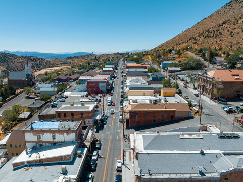 Aerial scenic view of Victorian building on historic Main C street in downtown Virginia City. Cars parked along the street of Virginia, Nevada, USA