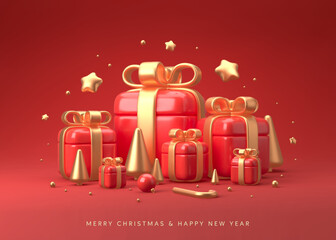 Merry Christmas and Happy New Year festive composition. Colorful Xmas background with realistic 3d trees and gift boxes. Vector illustration - obrazy, fototapety, plakaty