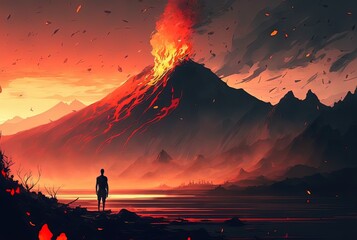 a man  or a woman standing in front of erupting volcano with smoke and fire blow out 	  Generative Ai - obrazy, fototapety, plakaty