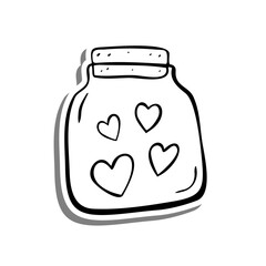 Doodle Line Hearts in Jar on white silhouette and gray shadow. Vector illustration Valentine Theme for decoration or any design.