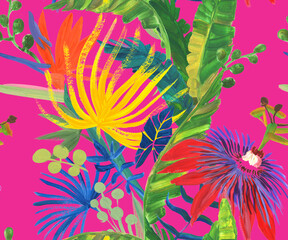 Fototapeta na wymiar bright seamless pattern with multicolored tropical flowers and leaves painted in drybrush gouache for textile