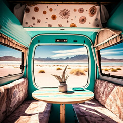 Interior of a camper van in the beach. Road Trip. Generative AI.