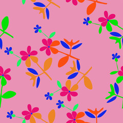 Seamless stylized colored branches, leaves, flowers . Hand drawn.