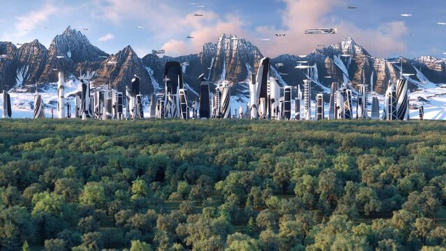 Entrance to a futuristic city of an exoplanet with Flying Spaceships, forest and mountain landscape