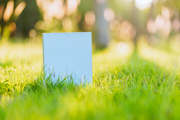 Blank book on the green grass in the park. Selective focus.