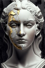 Kintsugi, golden joinery, japanese art of fixing broken things, emotions, feelings, marble statue female protrait, generative ai
