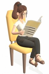 A businesswoman reading a newspaper while sitting on a chair. isolated. Reading news. 3d-rendering