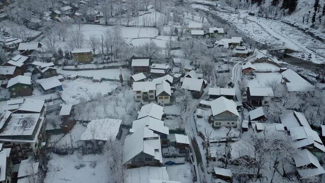 Pahalgam winter snowfall drone view Kashmir india