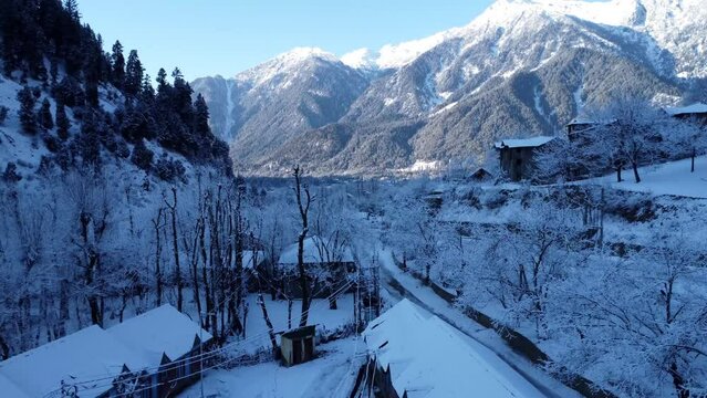 Pahalgam winter snowfall drone view Kashmir india
