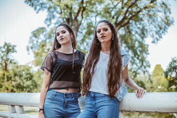 Naklejka premium Two sisters enjoying a sunny day at a park. Young sisters at the park. Twin teenage girls enjoying sunny day at a lake.