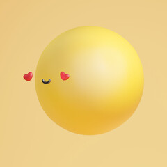 Funny cute face with red heart eyes. Joy emoticon in portrait angle view