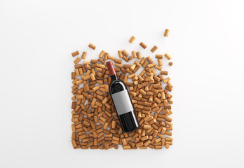 Top view of red wine bottle over wine corks